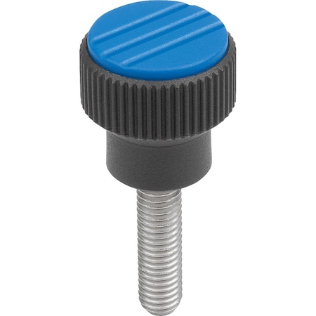 Kipp Knurled Knob Size:1 D=M05X20, D1=21, H=22, Plastic Black Ral7021, Comp:Stainless, Cap:Blue Ral5017 K0247.01053X20